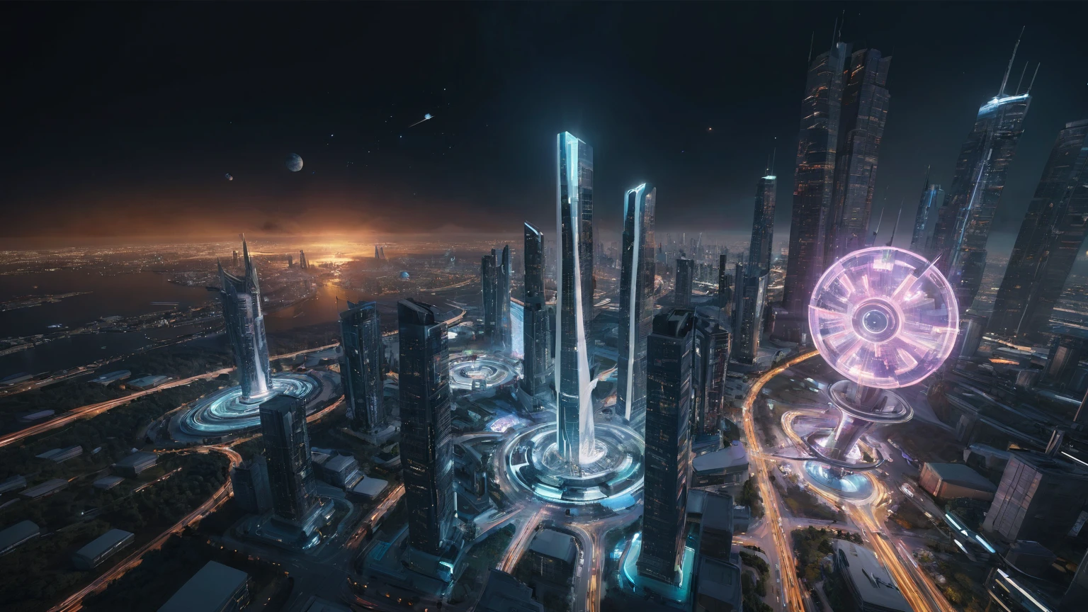 brightly colored abstract image of a space station with a spiral, epic beautiful space scifi, chaotic cinematic space rift, greg beeple, (((((flying cars, 1drone))))), planets colliding, beeple and tim hildebrandt, beeple and jean giraud, end of the universe, galaxy space sci-fi, ringworld, by Mike "Beeple" Winkelmann. Matrix style, (((((Matrix cascading code))))), (((((a futuristic twin tower skyscraper with a unique twisted design))))), (((((OLED GUI interfaces in the building))))), at night, (((((1girl, solo))))), photo realistic, (((large-breast:1.2 slim body, cleavage))), (((off broken mini sling-shirt and black sling bra, extreamly short pleated miniskirt exposing panty))), (((((running pose))))), (((((((matrix style black micro sunglasses))))))), ((((((((((aiming with a short gun)))))))))), (((((looking at camera))))), (((very low view))), (((((half-body thigh level medium shot))))), (((cinematic lighting))).