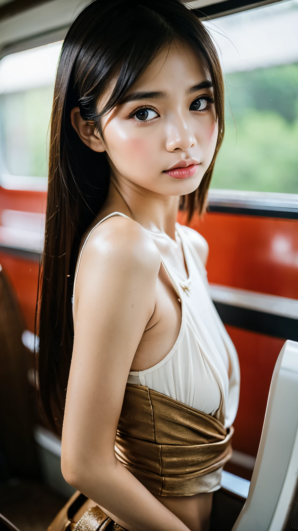 Cinematic Photo of a beautiful Indonesian fashion model bokeh train