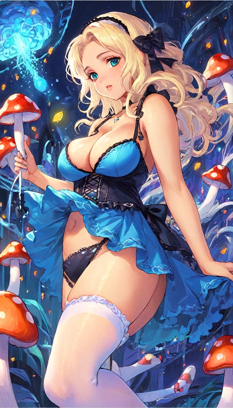 a beautiful 20 year old blonde woman with big messy hair in a blue dress, white stockings, black headband, cleavage, holding a glowing mushroom, fantasy art style, rossdraws cartoon vibrant, alice in wonderland cyberpunk, cute detailed digital art, colorfull digital fantasy art, digital fantasy art ), glossy digital painting, rossdraws pastel vibrant, rossdraws 2. 5, rossdraws 1. 0