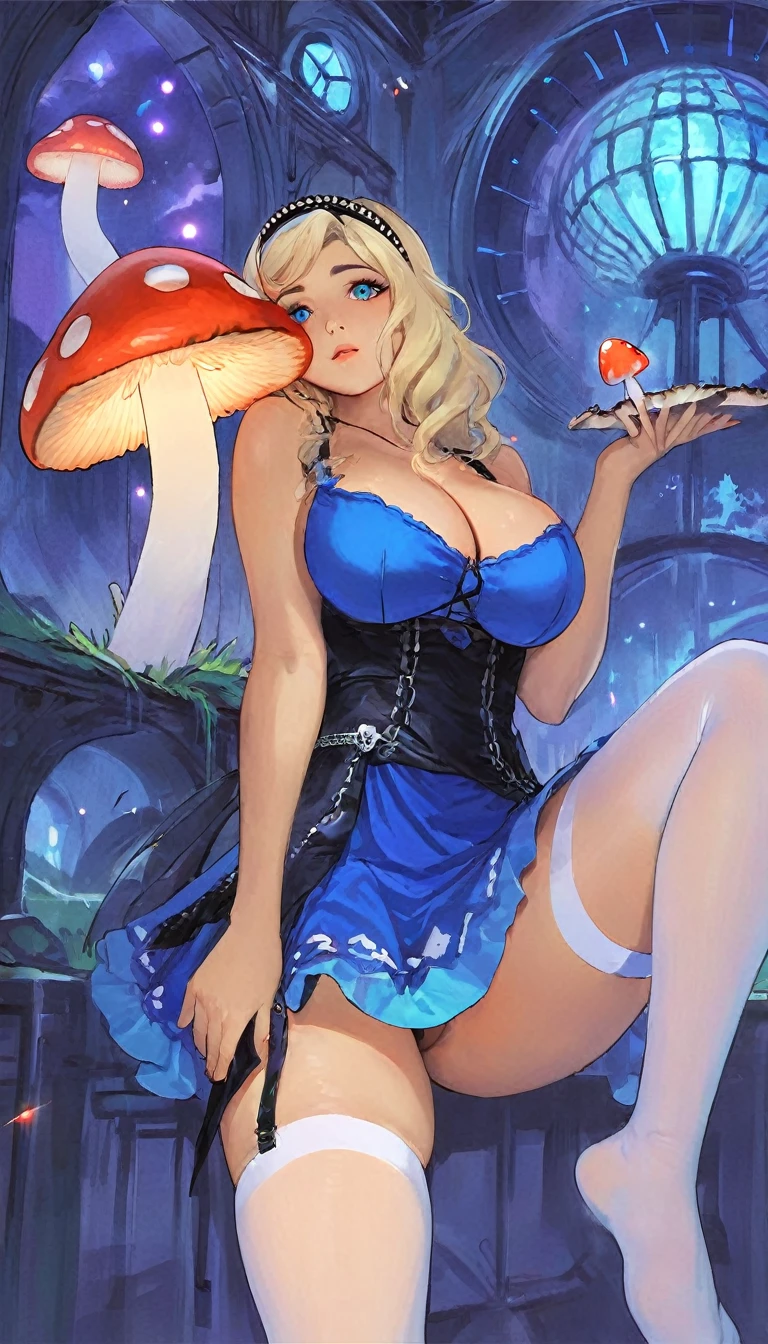 a beautiful 20 year old blonde woman with big messy hair in a blue dress, white stockings, black headband, cleavage, holding a glowing mushroom, fantasy art style, rossdraws cartoon vibrant, alice in wonderland cyberpunk, cute detailed digital art, colorfull digital fantasy art, digital fantasy art ), glossy digital painting, rossdraws pastel vibrant, rossdraws 2. 5, rossdraws 1. 0