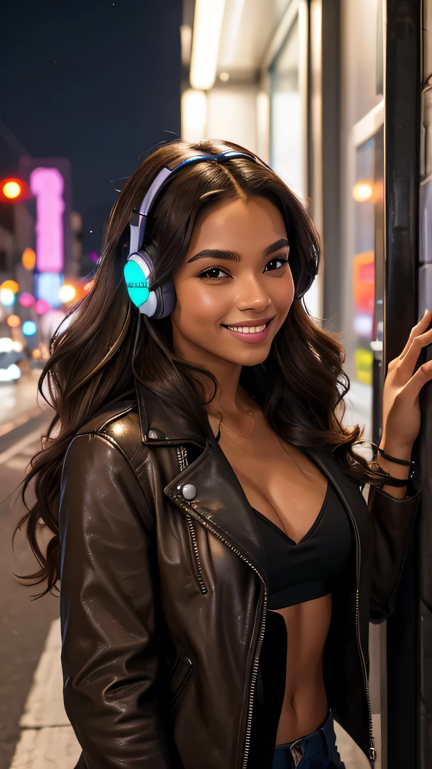 Woman with headphones on the street at night, neon lights in the headphones and in the shop advertisements. Woman with light brown skin, long black wavy hair, blonde highlights in her hair. Smiling. Neckline. Black leather jacket, leaning on the wall.