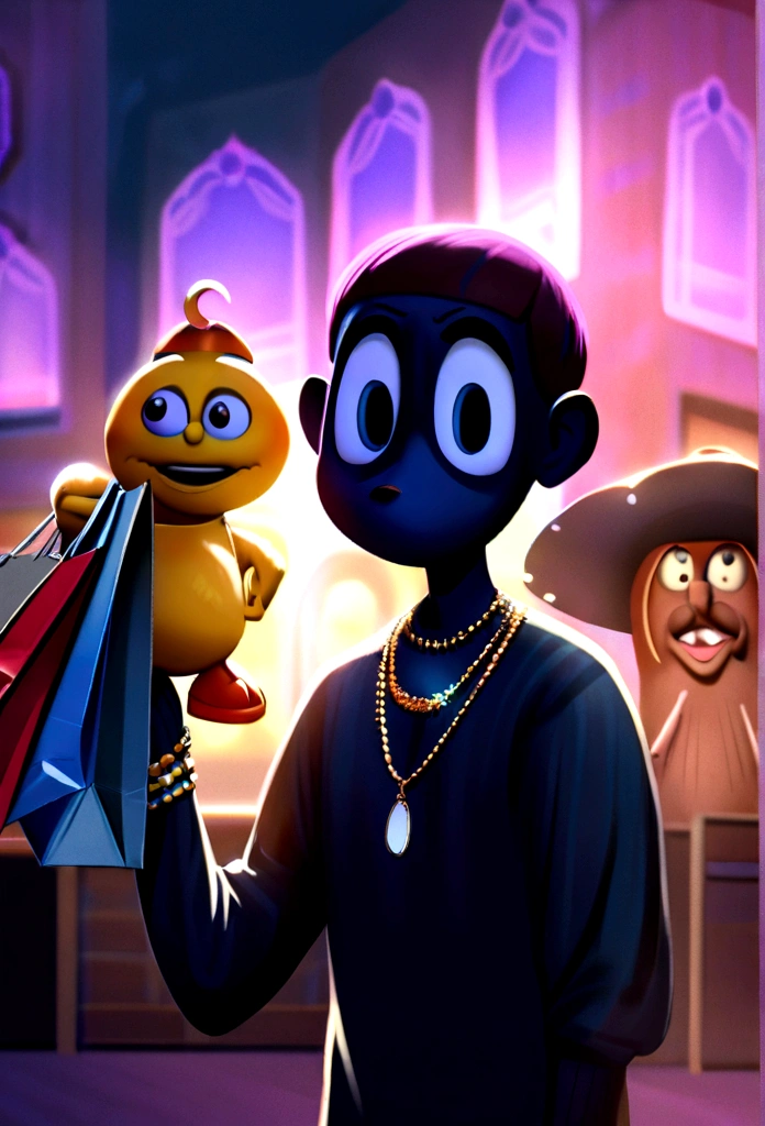 style pixar cartoon, a new emotion character in a movie inside out representing spenders, male with gold and silver necklace and rings, holding lot shopping bags