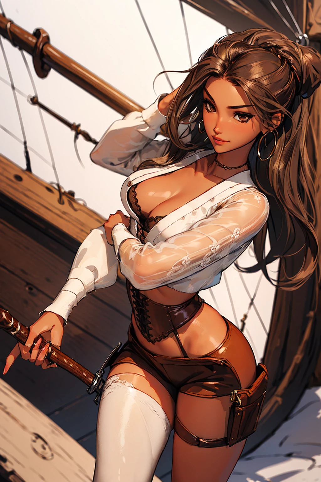 (masterpiece), best quality, expressive eyes, perfect face, (pirate ship background), (standing), (smirk), (closeup view), (1girl, vanessa alessia, dark skin, tanned skin, brown hair, wavy hairstyle, brown eyes, hourglass figure, thin body, skinny body, petite_body, medium breasts, thick thighs, long fingernails, brown plaid head wrap, white front lace blouse, long sleeve, loose fit, brown leather corset, brown leather shorts, brown boots, sheathed cutlass sword, flintlock pistol in holster, hoop earrings, miscellaneous jewelry)