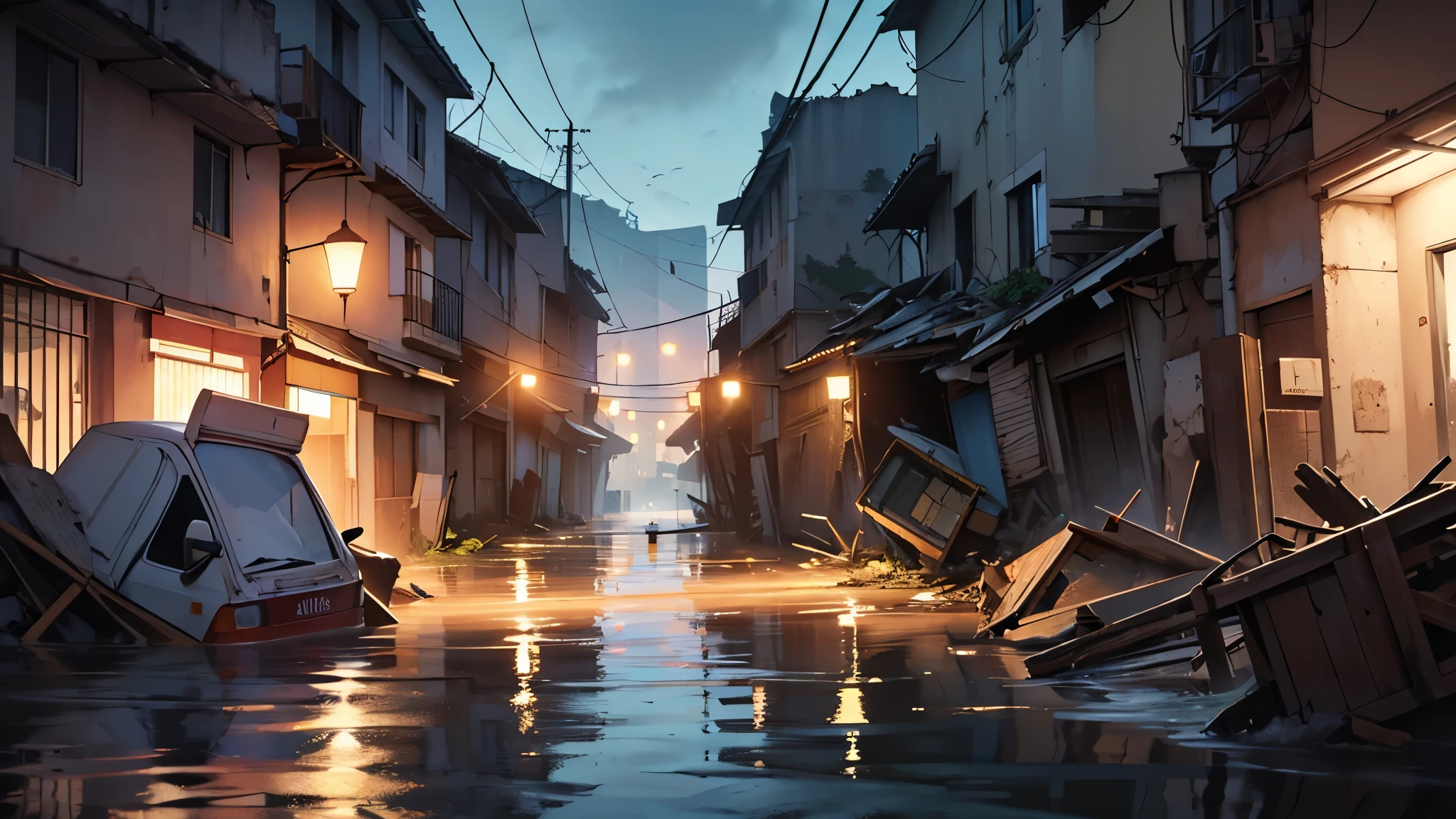 ((melhor qualidade)), ((Obra de arte)), ((detalhado)), On the background is night, in a POSt apolcalyse cenario, of a destroyed city by flood, water and lame on the streets, With video games consoles threw everywhere