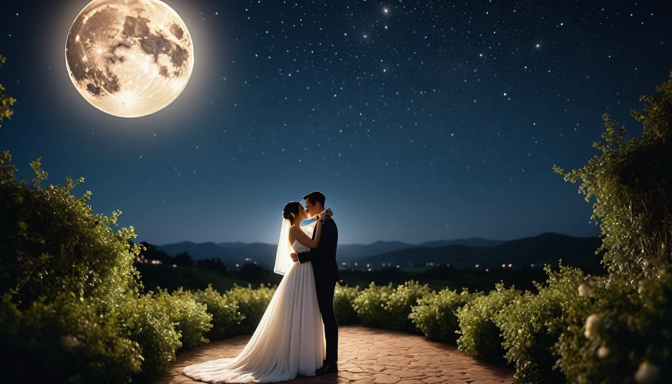 a romantic couple on a starry night under a full moon, bride in a wedding dress, groom in tuxedo, romantic, detailed, cinematic, realistic, moonlight, stars, dramatic lighting, (best quality,4k,8k,highres,masterpiece:1.2),ultra-detailed,(realistic,photorealistic,photo-realistic:1.37),dramatic, cinematic composition, beautiful night sky, glowing moon, sparkling stars, elegant wedding attire, loving embrace, soft focus, warm color palette, dramatic chiaroscuro lighting