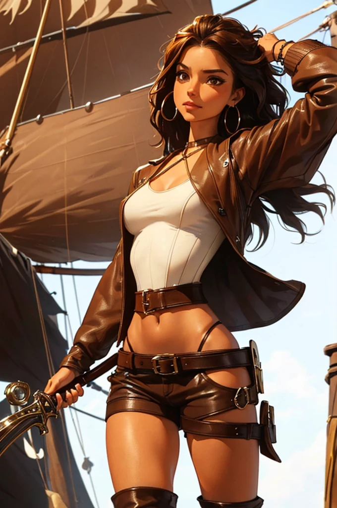 (masterpiece), best quality, expressive eyes, perfect face, (pirate ship background), (standing), (smirk), (closeup view), (1girl, vanessa alessia, dark skin, tanned skin, brown hair, wavy hairstyle, brown eyes, hourglass figure, thin body, skinny body, petite_body, medium breasts, thick thighs, long fingernails, white front lace blouse, long sleeve, loose fit, brown leather corset, brown leather shorts, brown boots, sheathed cutlass sword, flintlock pistol in holster, hoop earrings, miscellaneous jewelry)