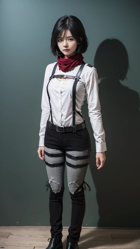 AOT style, Shingeki no Kyojin,
Mikasa Ackerman,
1 girl, arm strap, bangs, black hair, black pants, chest, cowboy shot, embers, green eyes, gray background, hair between eyes, Harness, long sleeve, looking at the viewer, medium chest, pants, red scarf, scarf, shirt, short hair, cigarette, alone, thigh strap, brown jacket, white shirt, investigation team \(symbol\)
, ((masterpiece)), highest quality, full body, standing, hand on hip
,