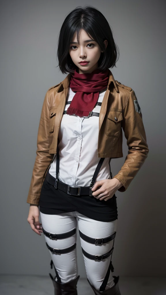 AOT style, Shingeki no Kyojin,
Mikasa Ackerman,
1 girl, arm strap, bangs, black hair, black pants, chest, cowboy shot, embers, green eyes, gray background, hair between eyes, Harness, long sleeve, looking at the viewer, medium chest, pants, red scarf, scarf, shirt, short hair, cigarette, alone, thigh strap, brown jacket, white shirt, investigation team \(symbol\)
, ((masterpiece)), highest quality, full body, standing, hand on hip
,