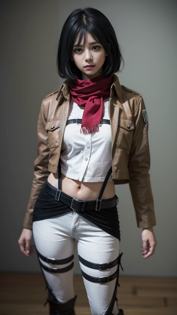 AOT style, Shingeki no Kyojin,
Mikasa Ackerman,
1 girl, arm strap, bangs, black hair, black pants, chest, cowboy shot, embers, green eyes, gray background, hair between eyes, Harness, long sleeve, looking at the viewer, medium chest, pants, red scarf, scarf, shirt, short hair, cigarette, alone, thigh strap, brown jacket, white shirt, investigation team \(symbol\)
, ((masterpiece)), highest quality, full body, standing, hand on hip
,