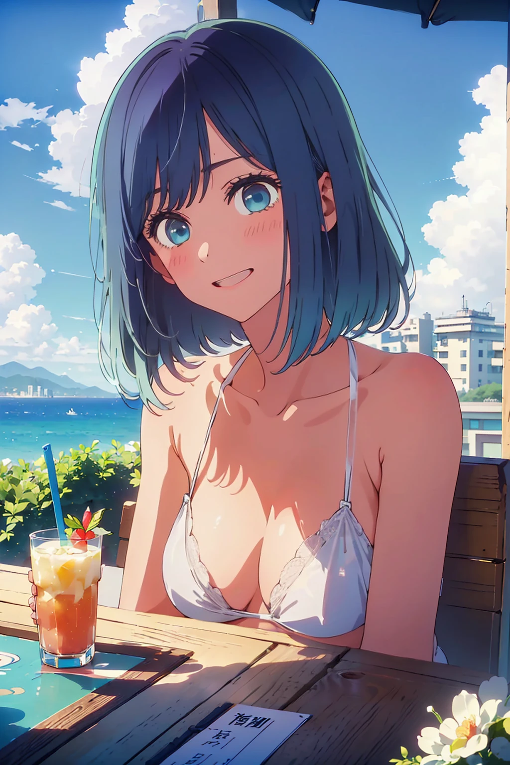 Highest quality,8k,detailed,F cup bust、Big Breasts、Slim and beautiful arms、Slim body、Very white beautiful skin、((((1 person、smile、Thin white bikini、smile、sit、In the background are the urban buildings of Tokyo、Outdoor café terrace、Drink juice、Cheek resting on hand、coastal、table、looking at the camera、Shooting from an angle、Very cute face、Shooting from a distance、Navy hair color))))、Sexy pose、Very blue sky、A completely cloudless sky、She tilted her head slightly、The atmosphere is bright and lively、The woman is at the center of the image。