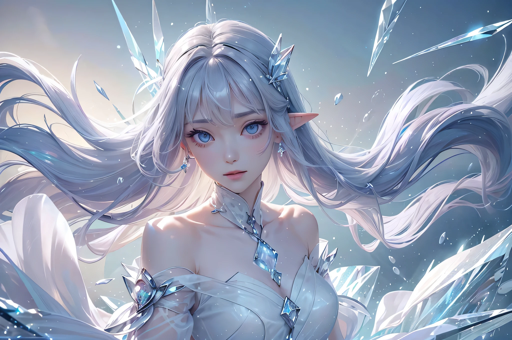 (masterpiece、Highest quality、Highest、Official Art、Beautiful and aesthetic、Long Exposure:1.2)、Smooth movement、Attractive patterns、One Girl、(Long dress with sleeves:1.3)、(((White clothes)))、Upper body close-up、Exposing shoulders、Korean Girls、smile、Light purple long hair、Portraiture、solo、Upper body、Looking at the observer、Detailed Background、Detailed face、(Crystallized AI、Crystal Theme:1.1)、Elemental Wind Elf、Rotating Wind、 Wind、White crystal  the shoulder、Dynamic pose、Suspended particles、Aether Dynamics、Wind、vapor、背景にWind、White Tone、Wind、Ethereal atmosphere、medium 
