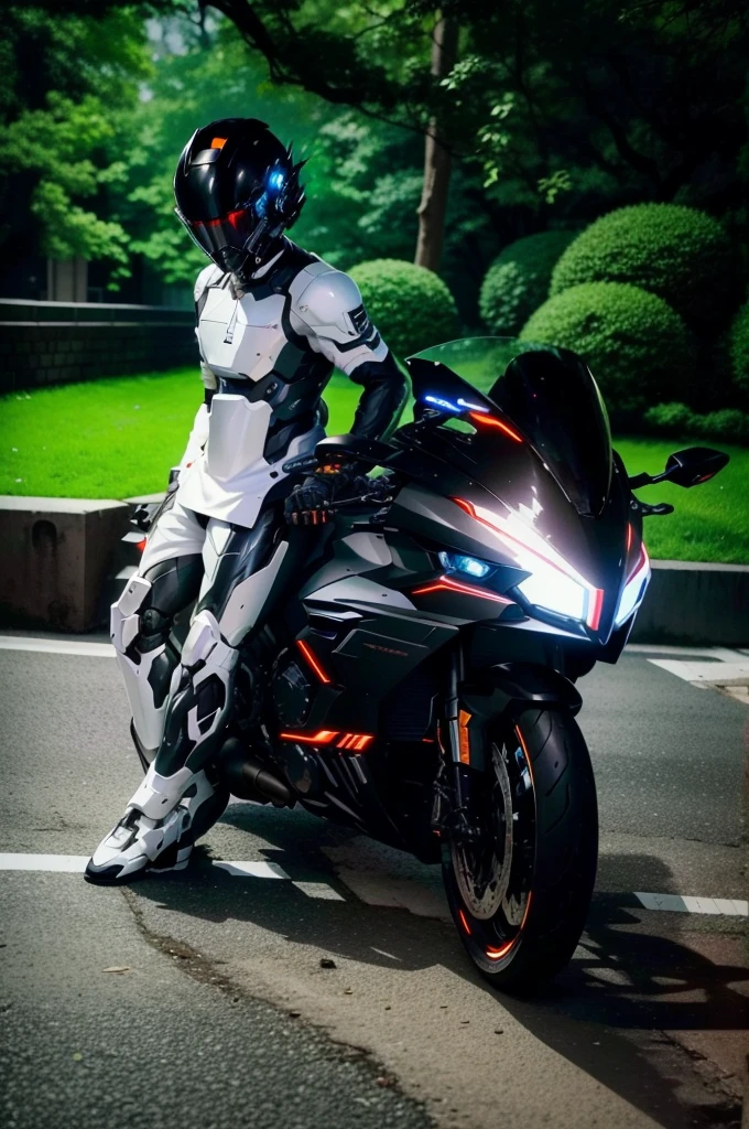 Handsome full body black mecha White short hair cyber handsome warrior, Black cybernetic motorcycle, High-tech black full face helmet, White short hair, Noel, biology, MSHN Staff, High-tech helmet, Surrealism, steel, Complex design, Crazy details, Fine details, The lines are very clear, Light, Photorealism, A meticulous masterpiece