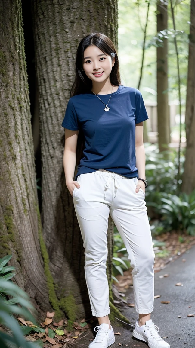 masterpiece, best quality, Surreal, Ultra Detailed, 8k resolution, RAW photos, Clear focus, (A girl in the forest), ((navy blue shirt:1.1)), Short sleeve, Long sweatpants,Full body posture, Solitary, Perfect body, Become a, 32 inches in the chest,(a charming smile:1), (sexy pose),26 years old, light,White shoes