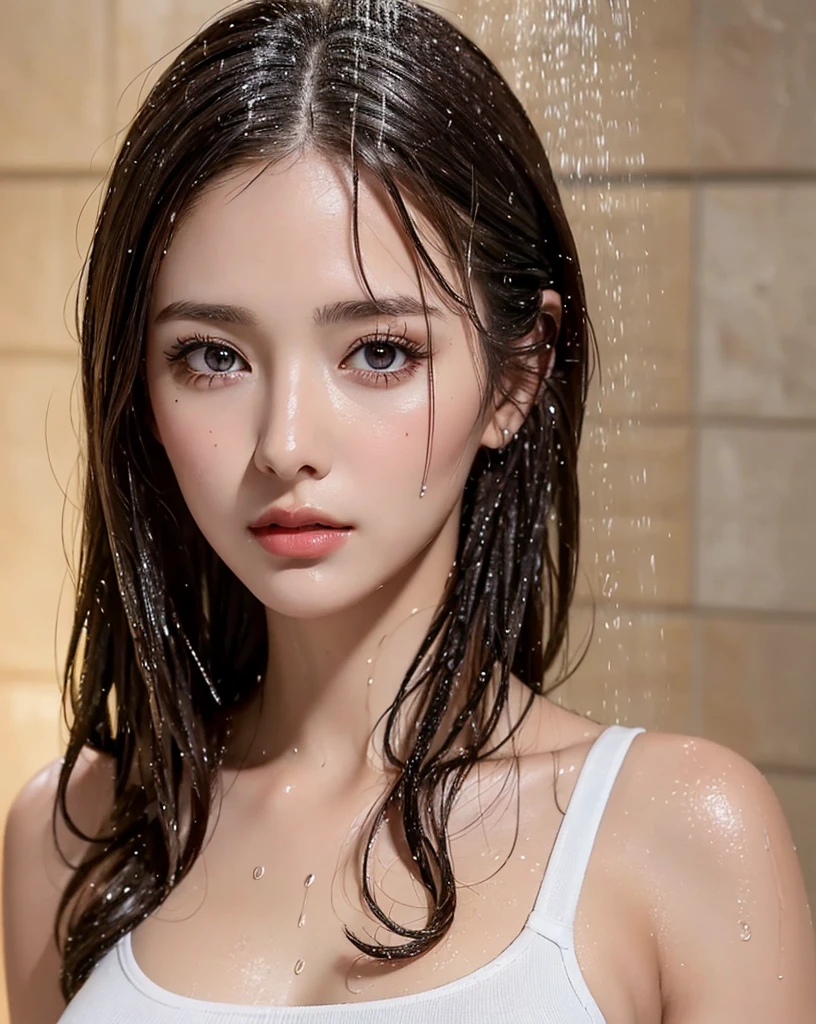 (Best quality, 4k, Masterpiece :1.3), pretty woman, 1girl, sexy :1.1, dark brown hair: 1.1, (shower, wet body :1.2), white tank tops, ultra-detailed face, detailed lips, detailed eyes, double eyelid