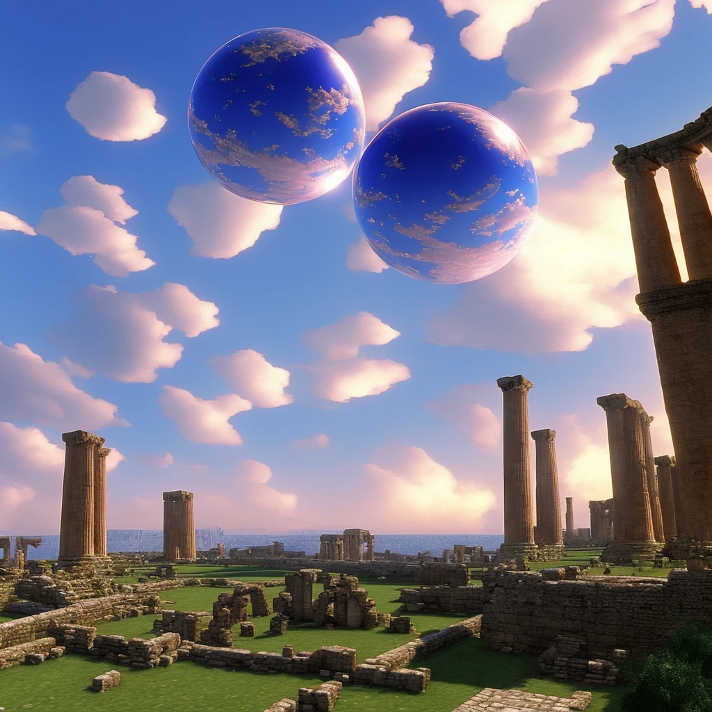 3d Art from 90s.A mirrored sphere exists in the center of the screen. Many airships are flying in the sky. There are Greek ruins.