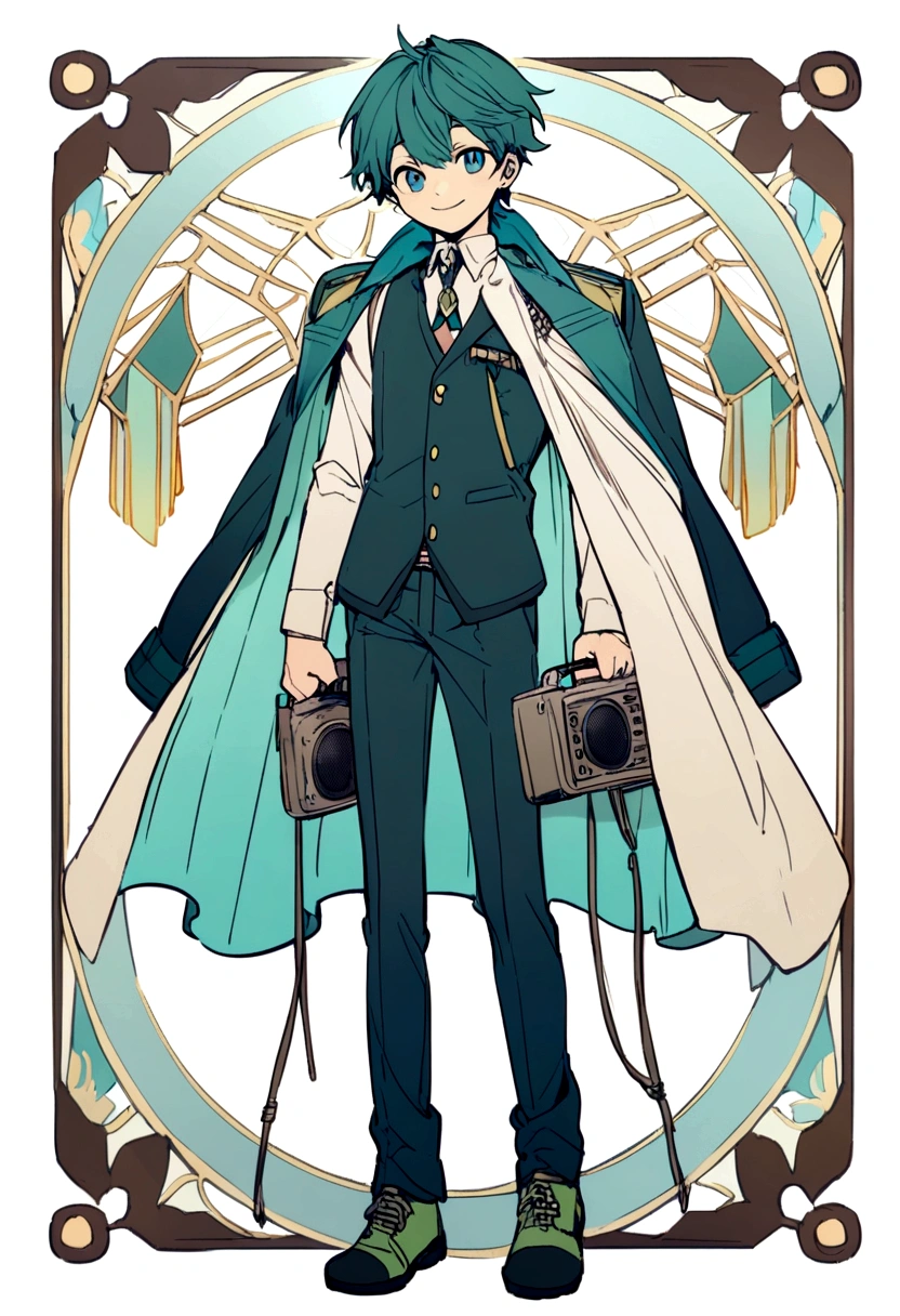 A full body image of an Anime youth guy holding a big radio on his shoulders and a little smile