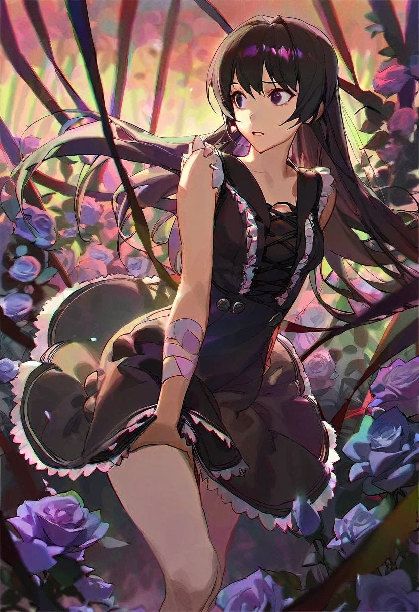 A girl surrounded by black roses, in fantasy world, full body, scared, black long hair, Purple mix black eyes, in black sexy dress with frills and lace, Hit by a bandage on hers arm, aesthetic, beautiful color, (amazing quality:1.5), by modare, by ask, by ikky, depth of field, chromatic aberration, black theme, perspective, amazing lighting and shadow