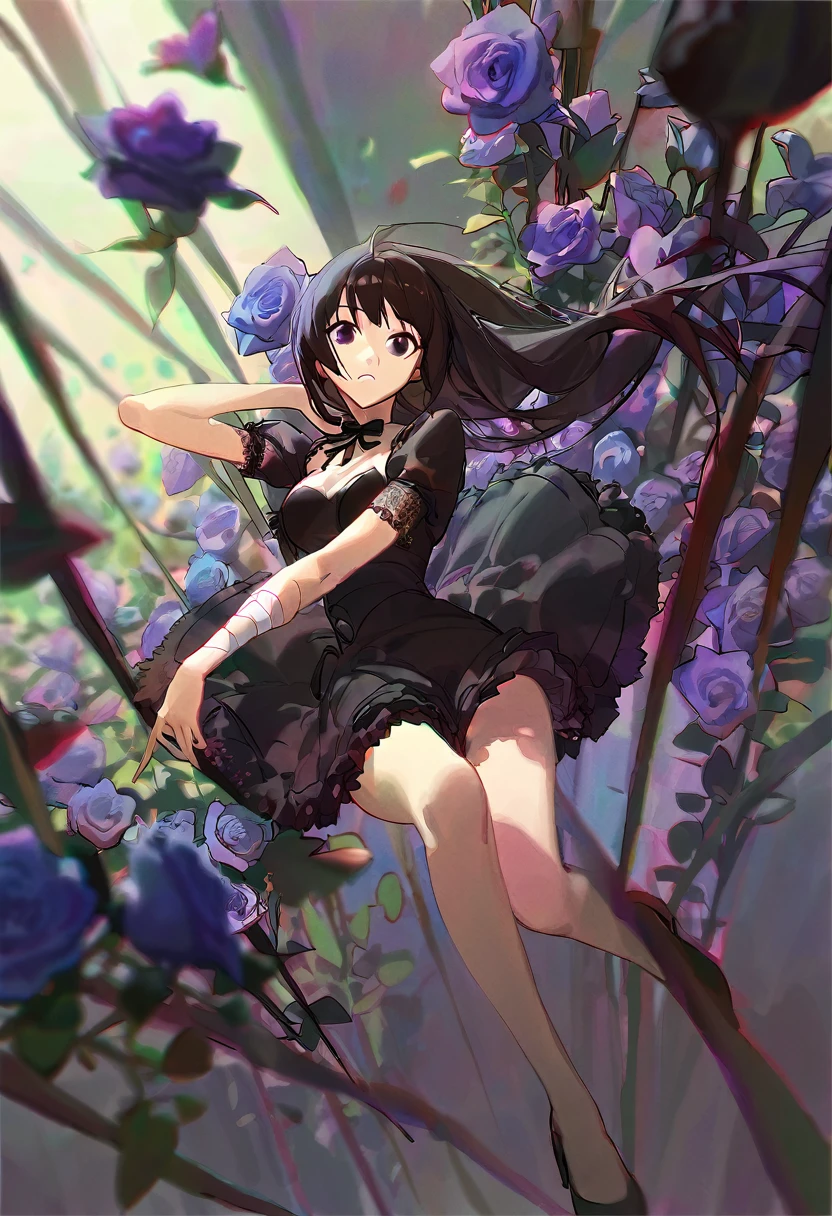 A girl surrounded by black roses, in fantasy world, full body, scared, black long hair, Purple mix black eyes, in black sexy dress with frills and lace, Hit by a bandage on hers arm, aesthetic, beautiful color, (amazing quality:1.5), by modare, by ask, by ikky, depth of field, chromatic aberration, black theme, perspective, amazing lighting and shadow