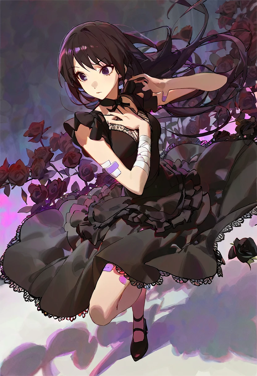 A girl surrounded by black roses, in fantasy world, full body, scared, black long hair, Purple mix black eyes, in black sexy dress with frills and lace, Hit by a bandage on hers arm, aesthetic, beautiful color, (amazing quality:1.5), by modare, by ask, by ikky, depth of field, chromatic aberration, black theme, perspective, amazing lighting and shadow