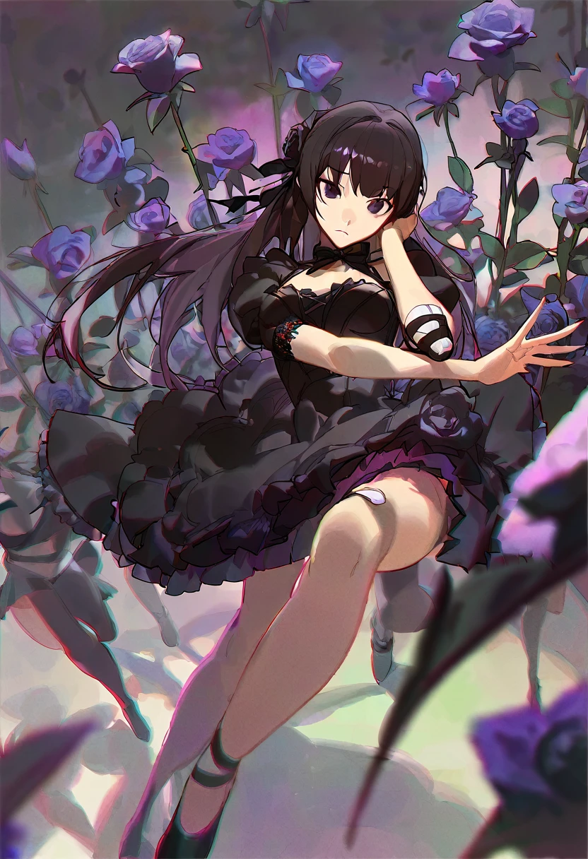 A girl surrounded by black roses, in fantasy world, full body, scared, black long hair, Purple mix black eyes, in black sexy dress with frills and lace, Hit by a bandage on hers arm, aesthetic, beautiful color, (amazing quality:1.5), by modare, by ask, by ikky, depth of field, chromatic aberration, black theme, perspective, amazing lighting and shadow