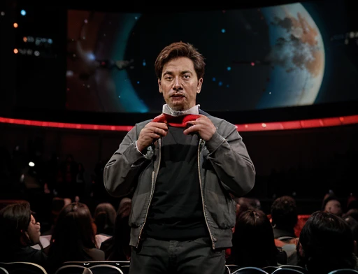 He explains to the scientist audience where the planet he will go to is located.. The color of the planet is gray with red