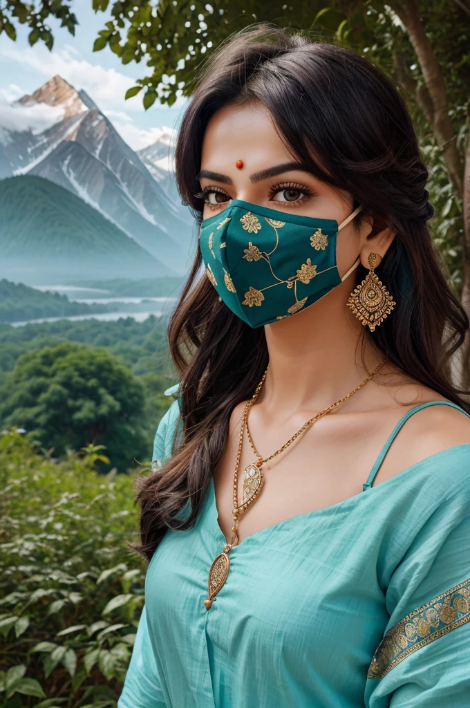 Open both eyes, change the locket in neck to lord Krishna's locket, complete the picture till the bottom, change the background to mountains or forest, change the hairstyle and face per corona mask Karna chahie