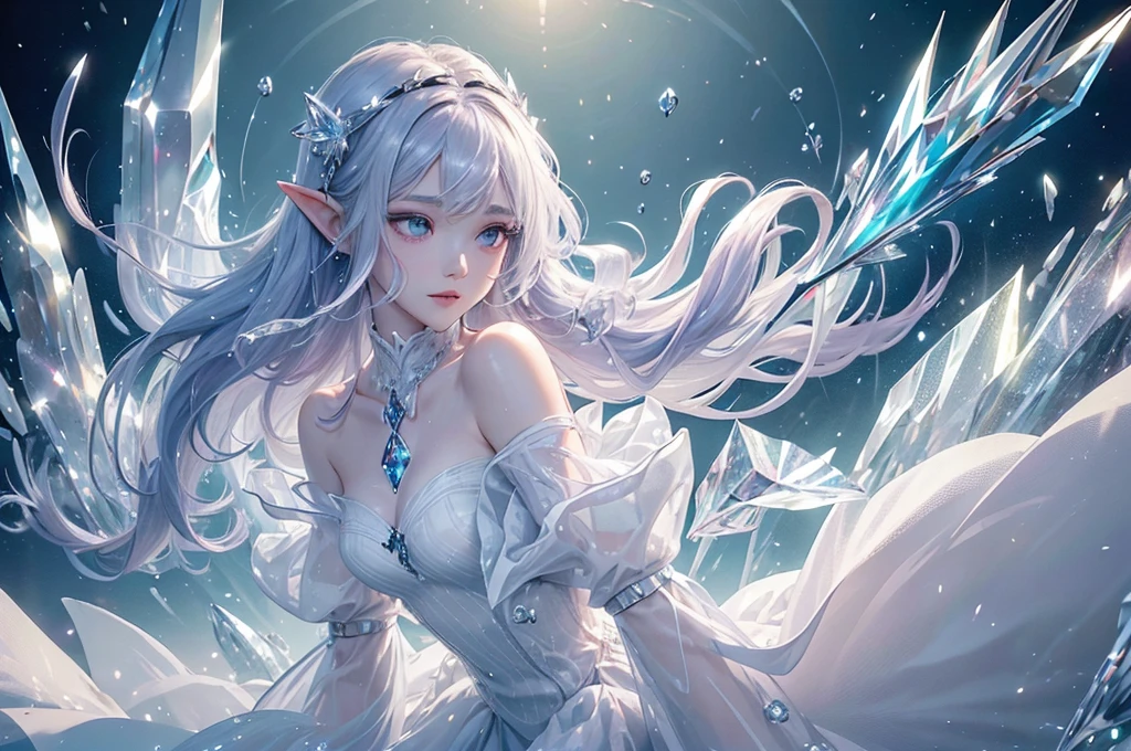 (masterpiece、Highest品質、Highest、Official Art、Beautiful and aesthetic、Long Exposure:1.2)、Smooth movement、Attractive patterns、One Girl、(Long dress with sleeves:1.3)、(((White clothes)))、Upper body close-up、Exposing shoulders、Korean Girls、smile、Light purple long hair、Portraiture、solo、Upper body、Looking at the observer、Detailed Background、Detailed face、(Crystallized AI、Crystal Theme:1.1)、Elemental Wind Elf、回転Wind、 Wind、White crystal clothes、Off the shoulder、Dynamic pose、Suspended particles、Aether Dynamics、旋Wind、vapor、背景に旋Wind、White Tone、旋Wind、Ethereal atmosphere、medium breasts