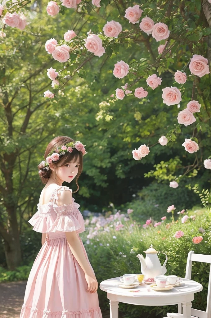 Watercolor、Beautiful paintings、A girl wearing light pink lolita clothes、Afternoon tea、Secret Garden、Roses in full bloom、English Garden、Beautiful light、Afternoon sunshine、Sunlight filtering through the trees、