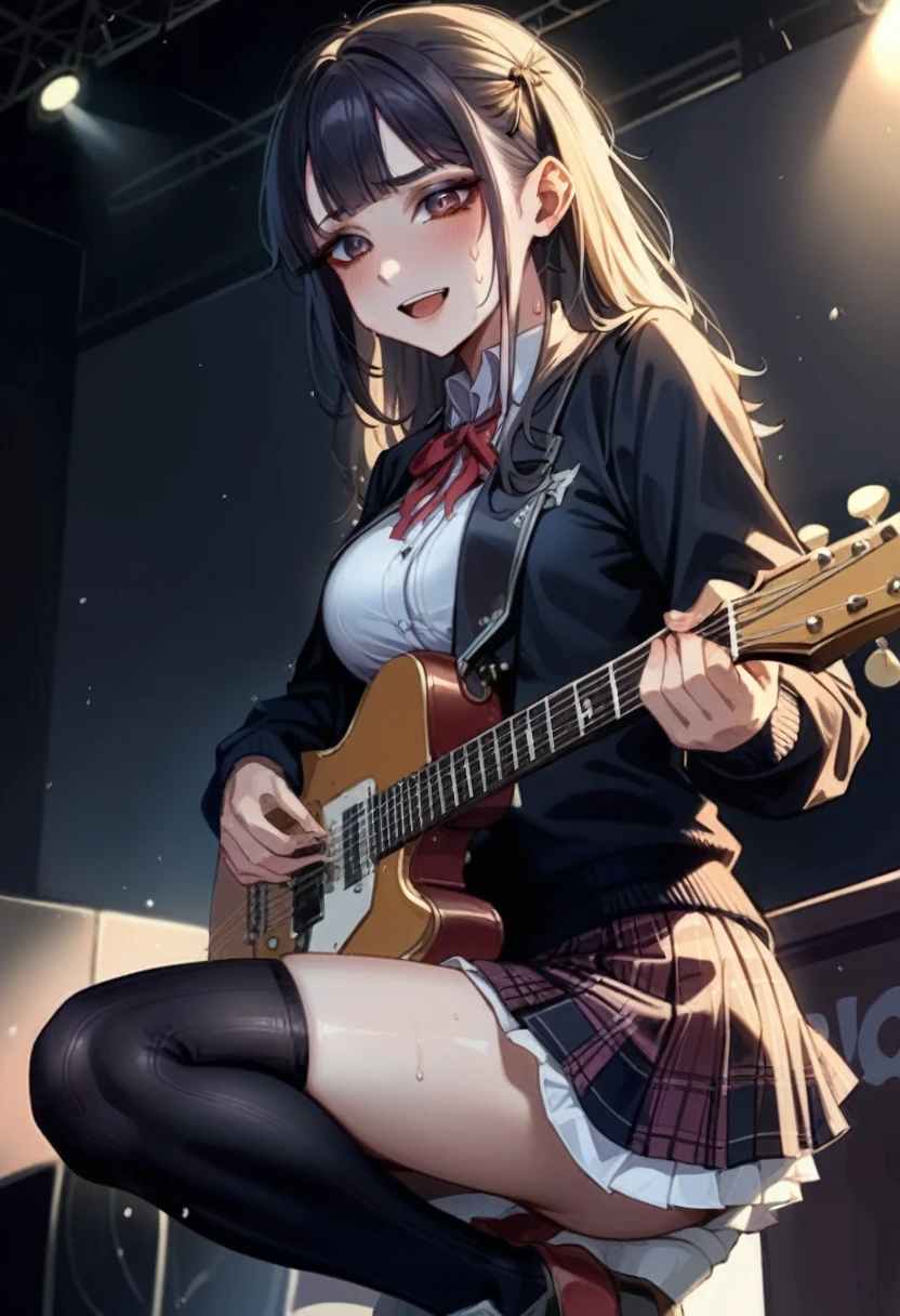 High school girl blazer、 uniform、Red checked knee-length skirt、Long skirt、JK Style、Jacket、smile、Knee-high socks、Thigh-high socks、pantyhose、A superb beauty、Super cute、ennui、Rare beauty、Black Dark Eyeshadow、Good skin glow、Long hair straightener、Dark Gothic Makeup、Dark Smile、Fragrant beauty、Stained glass background、Mastepiece、Best Quality、Refers to 5 books、Sweat glistening on my chest、Sweat glistening on my face、Small breasts、Golden Hair、Age 19 years old、Slightly slim、Mysterious look、A sad expression、Gold Hair、Sweating profusely all over the body、A lot of sweat and light on the thighs、Shiny thighs、Plenty of sweat glistening on the thighs、A large amount of sweat glistens on my thighs、Sweating profusely、Gal、japanese face、Alluring expression、Thin thighs、Playing guitar、I have a guitar、Sing a song enthusiastically、Playing guitar in a band、Playing guitar chords、Live House Background、Sing a song、Open your mouth、Live house scenery、Mike stand、Glamorous live stage、Dynamic Angle、Platform boots、Are standing、Hime cut hair、Gothloli 、