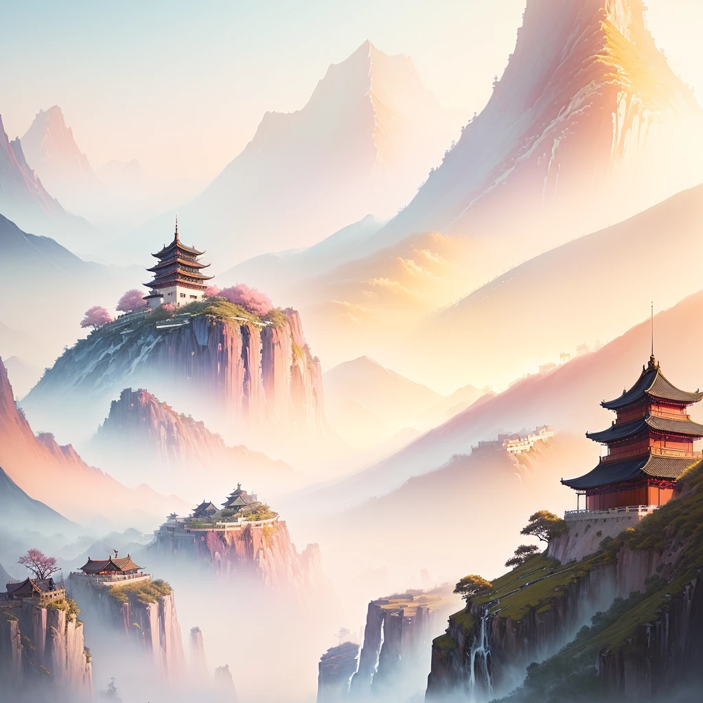 There is a landscape painting,A small tower in the background, Landscape Artwork, Chinese watercolor style, Anime Landscape, Anime Background art, Artistic style, Detailed scenery —width 672, Chinese, Anime beautiful peaceful scene, Landscape Art Detail, Beautiful art UHD 4K, Chinese scenery, Anime Landscape wallpaper, Anime Background, Fantasy Landscape Art,Oriental Aesthetics