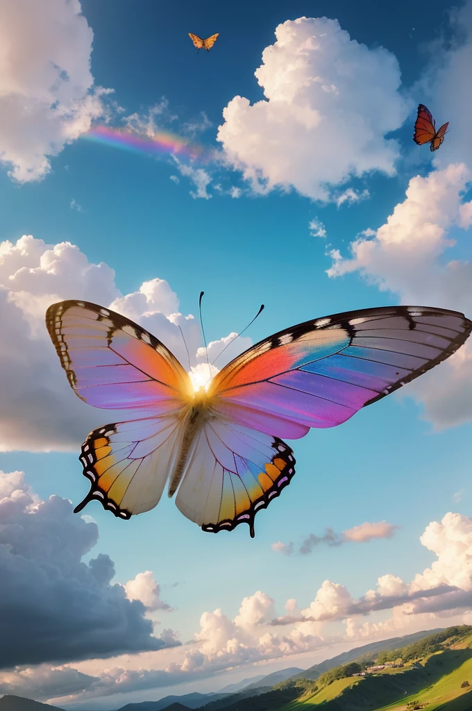 Beautiful Landscape,Wrapped in gentle light,Soft clouds are floating,A butterfly shining pale in rainbow colors is flying,realism: Complex background, Dynamic Lighting,The overall style should be dreamy and fantastical., Adding realism to every detail.
