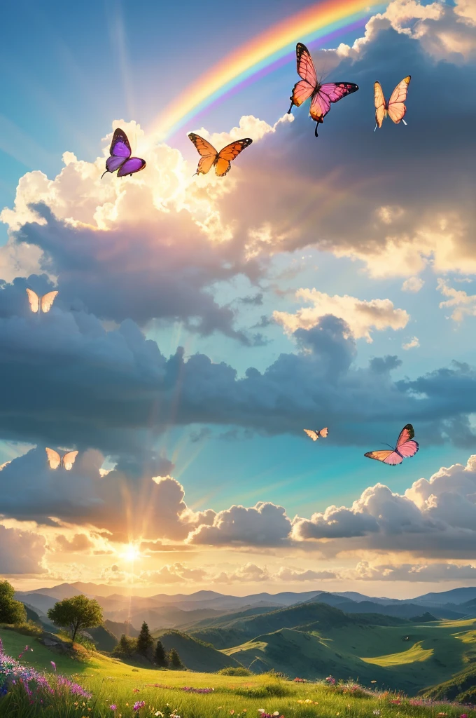 Beautiful Landscape,Wrapped in gentle light,Soft clouds are floating,A butterfly shining pale in rainbow colors is flying,realism: Complex background, Dynamic Lighting,The overall style should be dreamy and fantastical., Adding realism to every detail.