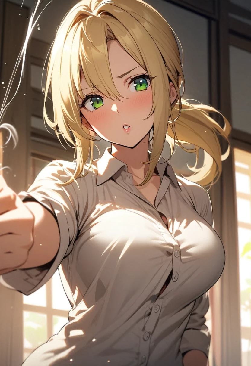 {masterpiece, distinct_image, extremely detailed CG, beautiful eyes and detailed face,realistic, photo realistic, 4k, 8k, high_resolution,perfect_finger, (beautiful_detailed_eyes:1.3), glitter, white_light, glow_white_face_skin,{1girl, face_focus,cowboy_shot, looking for_in_viewer, standing, (V_sign towards the viewer:1.5) },{adult, curvy, (huge_breasts, wide_hip:1.3), navel, skinny_stomach,tight_gap, groin (white_shirt, sky_blue_short_skirt, cleavage,fantasy academy ,{The most perfectly hidden black bra in a white shirt :1.6}, brown_colored_cardigan, tanning_skin, brown_skin:1.5), (yellow_hair, green_eyes, long_hair, ponytail:1.3), hime_cut, (half closed eyes, smiling face:1.3), sweat, university_classroom_indoor_background }