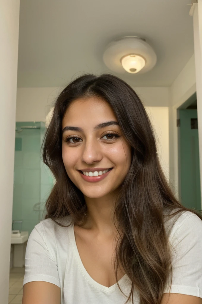 24YO, one Jordanian women, cute smile, white teethes, long light green shirt, light brown eyes, small nose, black/brown long hair