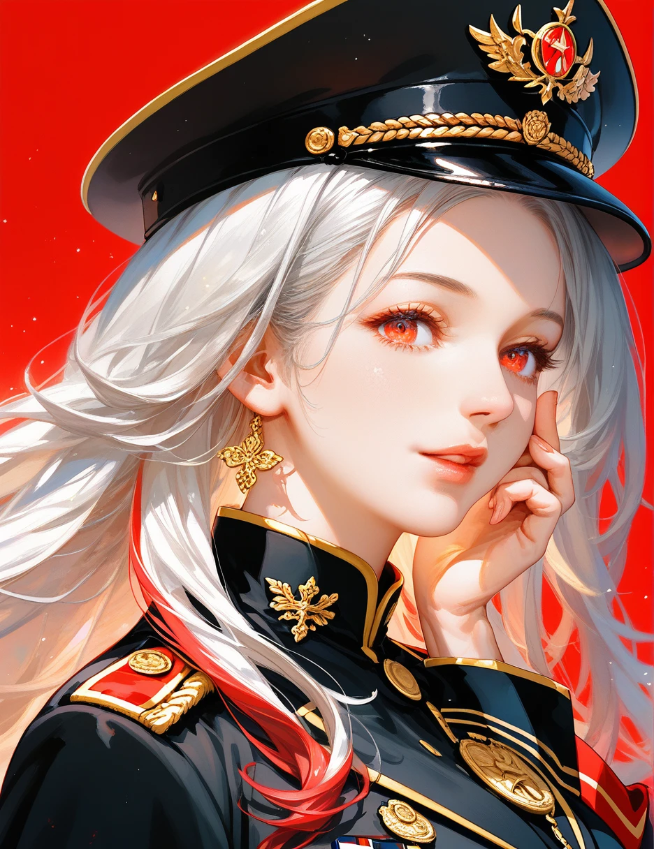 score_9, score_8_up, score_7_up,mature,glamor,black long hair,red background,backlight,Black long hair,senior sister,red colored pupils,blue colored pupils,black military uniform,black military hat,black military boots,military uniform with gold decoration,medals,facial lighting,military dress,model,model fashion pose,