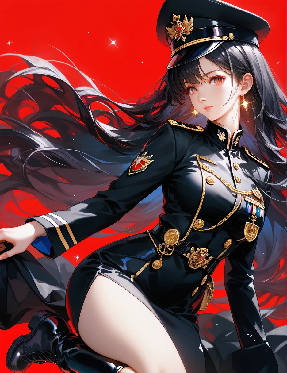 score_9, score_8_up, score_7_up,mature,glamor,black long hair,red background,backlight,Black long hair,senior sister,red colored pupils,blue colored pupils,black military uniform,black military hat,black military boots,military uniform with gold decoration,medals,facial lighting,military dress,model,model fashion pose,