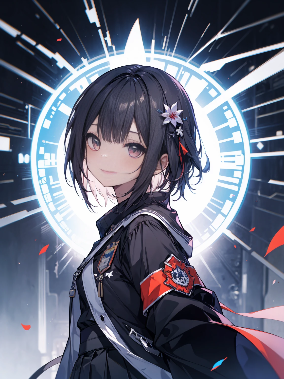 (masterpiece, highest quality, highest quality, (No text), Beautiful and aesthetic:1.2),No text,anime、 BREAK,One Girl，Short black hair　Beautiful eyes　Red eyes　cool　smile　Black jacket　mini skirt　whole body　night