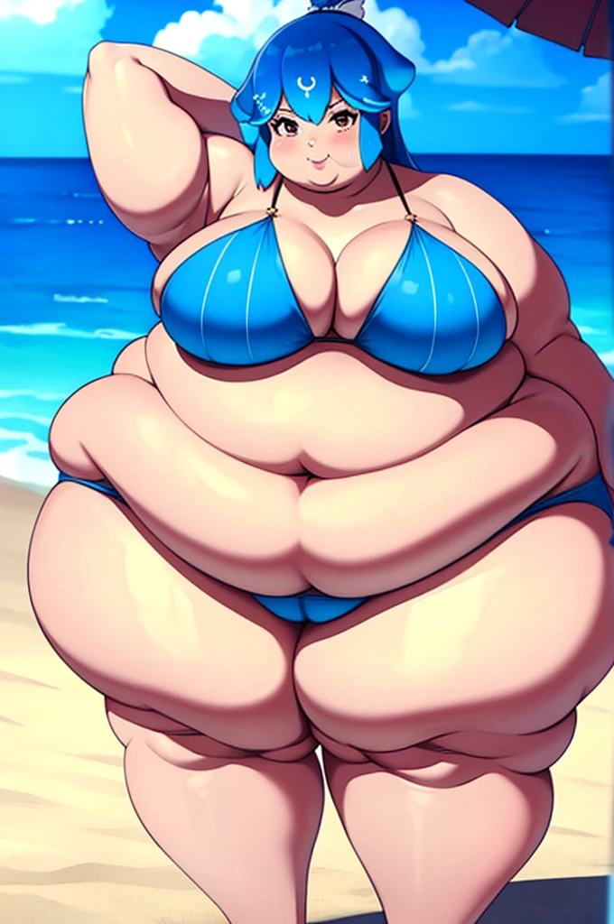 1woman, Bao, obese, fat, soft, curvy, wide hips, large breasts, on the beach, beautiful one piece swimsuit. blue hair. 