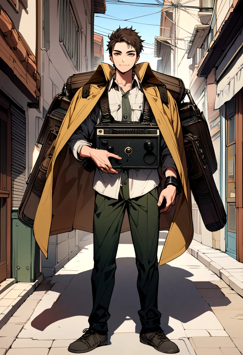A full body image of a youth guy holding a big radio on his shoulders and a little smile on the streets