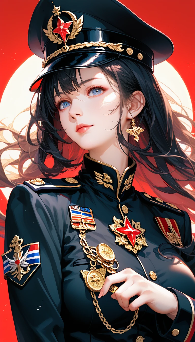 score_9, score_8_up, score_7_up,mature,glamor,black long hair,red background,backlight,Black long hair,senior sister,red colored pupils,blue colored pupils,black military uniform,black military hat,black military boots,military uniform with gold decoration,medals,facial lighting,military dress,model,model fashion pose,