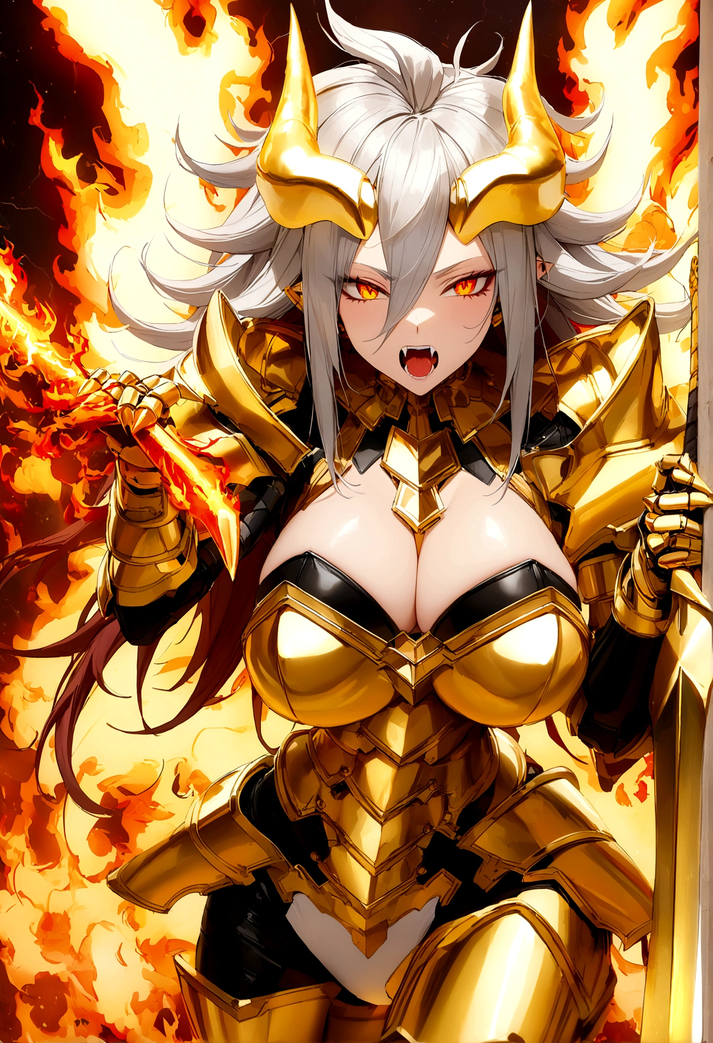 ((Lightning Power)), ((Electricity)), ((Fire Background)), ((Lightning Storm)), ((Power Erupting)),((((android 21 Evil)))), (((white Coat))), (((Busty))), (((((Big breast:1,3)))), luxury bustier corset, (((silver hair))), (((Very slim waist))), propotional body, ((Gorgeous)), (((gold wings))), masterpiece, hyperdetail, ambient effect, digital effect, (((Fangs))), (((FIRE SWORD)), (((Lightning Sword))), (((Fire Gold Armor))), (((Lightning Gold Wings))), (((Fire Blazing Horns)))