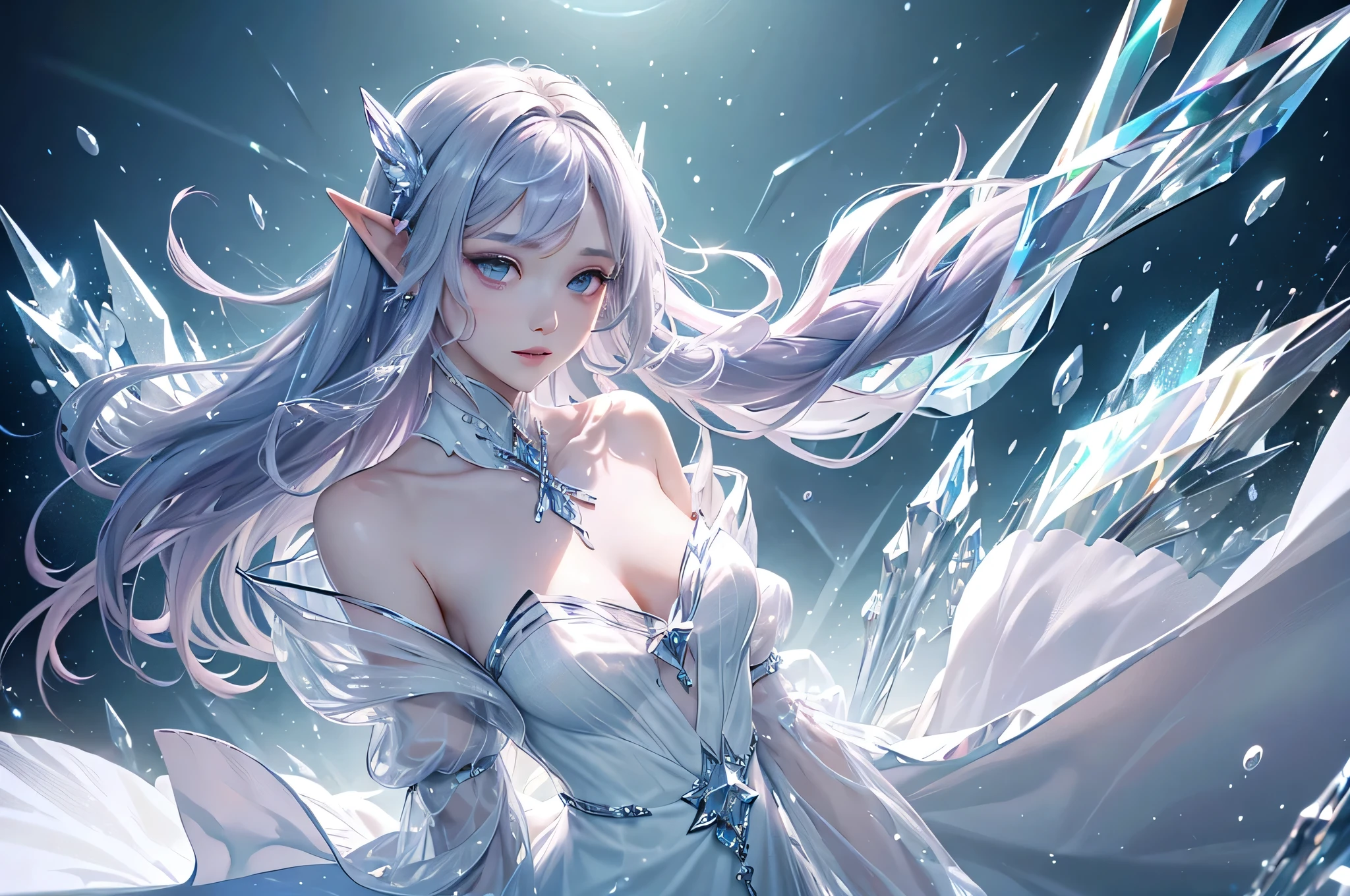 (masterpiece、Highest quality、Highest、Official Art、Beautiful and aesthetic、Long Exposure:1.2)、Smooth movement、Attractive patterns、One Girl、(Long dress with sleeves:1.3)、(((White clothes)))、Upper body close-up、Exposing shoulders、Korean Girls、smile、Light purple long hair、Portraiture、solo、Upper body、Looking at the observer、Detailed Background、Detailed face、(Crystallized AI、Crystal Theme:1.1)、Elemental Wind Elf、Rotating Wind、 Wind、White crystal clothes、Off the shoulder、Dynamic pose、Suspended particles、Aether Dynamics、Wind、vapor、背景にWind、White Tone、Wind、Ethereal atmosphere、medium breasts
