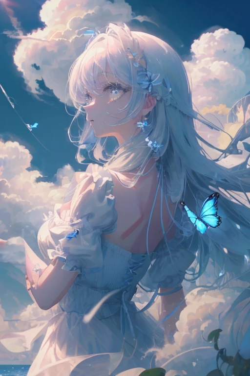 Cornflower Art、dream-like、(top-quality、​masterpiece、hight resolution、Movie Lighting、volume illumination、contour deepening、(Back lighting)、profile、Very detailed 8k wallpaper、1girl in、Lori、Chiffon dress、extremely delicate and beautiful、beatiful detailed eyes、white_hair、[[long_hair]]、Medium_breasts、(cumulus:1.35)、(beautiful detailed cloud)、Blue butterfly、The upper part of the body), (Soft light:1.3), Detailed face, Detailed eyes, Flower Garden
