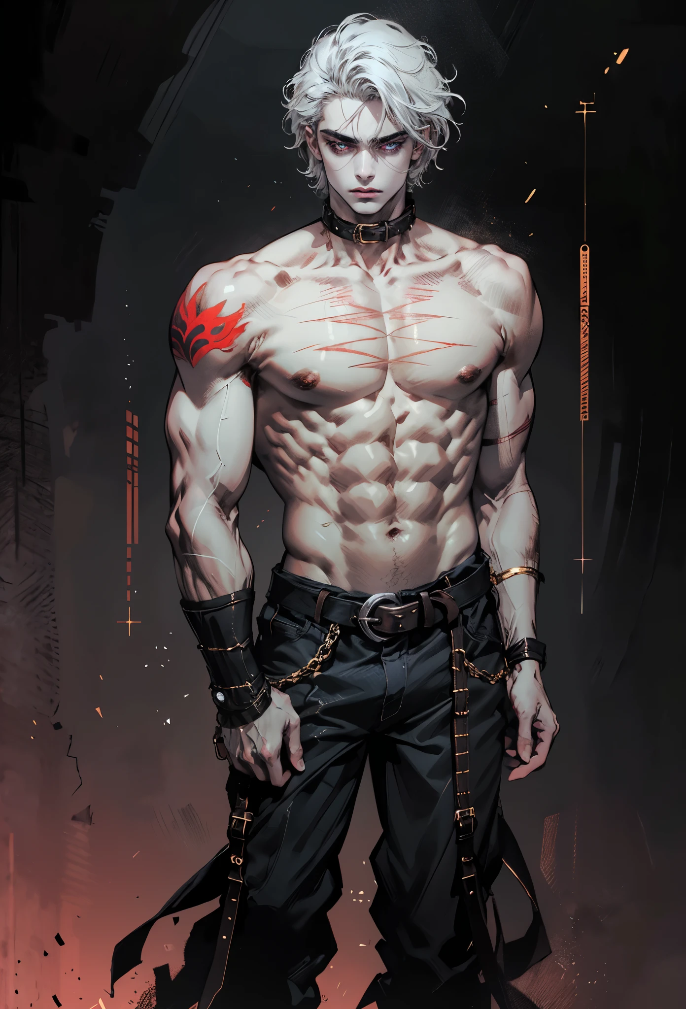 A young man with short gray hair, completely white skin, pale skin, resolute eyes, handsome face, serious expression, a metal collar around his neck, his upper body is bare, a slender yet muscular build, a purple demon tattoo is on his left shoulder, a black and white belt, cloth trousers, emitting a purple aura, he stands in a mining valley, the ground around him glowing red and cracking open, this character embodies a finely crafted fantasy-style warrior in anime style, exquisite and mature manga art style, dramatic, high definition, best quality, highres, ultra-detailed, ultra-fine painting, extremely delicate, professional, perfect body proportions, golden ratio, anatomically correct, symmetrical face, extremely detailed eyes and face, high quality eyes, creativity, RAW photo, UHD, 32k, Natural light, cinematic lighting, masterpiece-anatomy-perfect, masterpiece:1.5