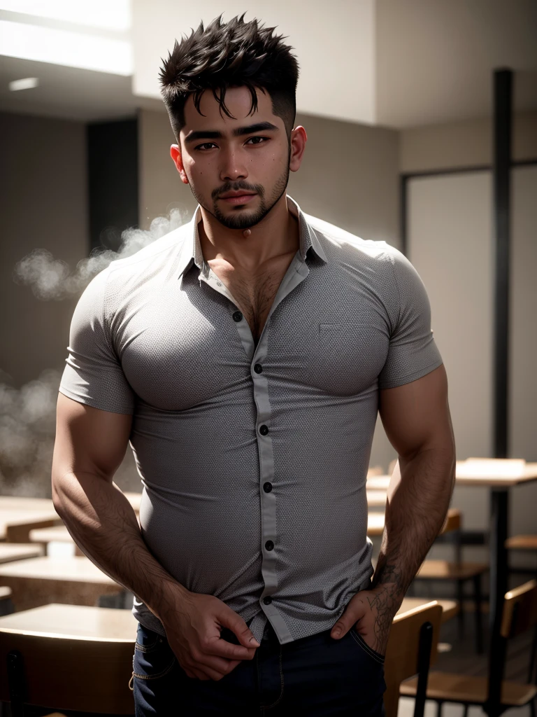 (photo RAW), Candid ((portrait)) photograph of a 28yo dg_Miguel man, anxious, short hair, plump, eyes, stubble,masterpiece, top quality, best quality, official art,intricate detailed,highest detailed,depth of field,bokeh,realistic natural lighting,complex, 4k HDR, dusty atmospheric haze, high quality textures of materials, volumetric textures, coating textures, ((shirt)),