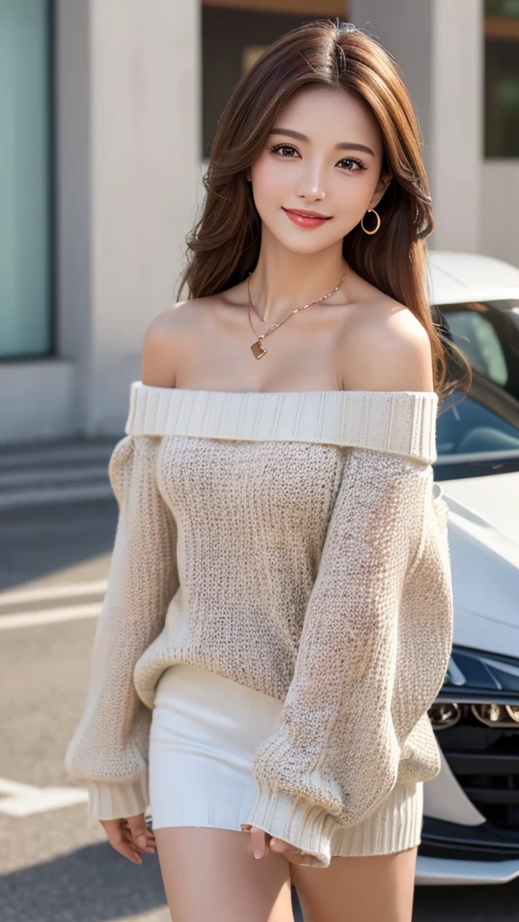 ((Highest quality, 8k, masterpiece:1.3)), concentrate:1.2, Beautiful woman with perfect figure:1.4, Stick your butt out:1.2, ((Beautiful long hair)),(Long white legs:1.3) ,(Off-the-shoulder sweater:1.4) , (sports car, street: 1.2), Highly detailed face and skin texture, Fine grain, double eyelid,Skin whitening,(Straight Big Tits:1.3),smile,Put on a necklace,gyuru、whole body、Fashion Leader