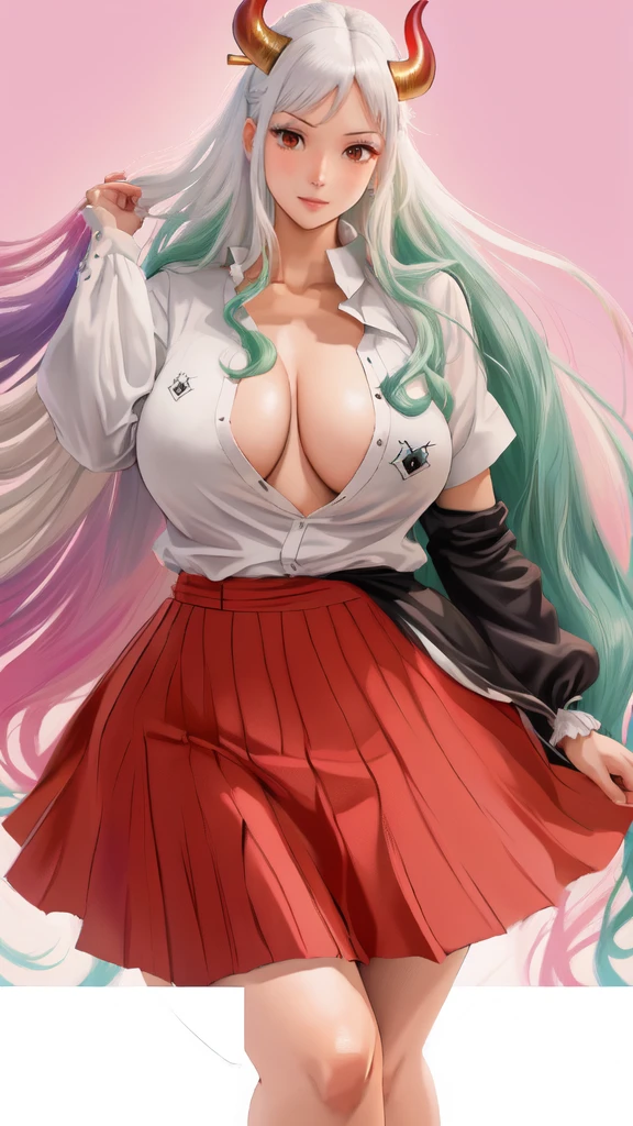 a cartoon picture of a woman in a skirt, color spread, from one piece, coloured manga scan, full color manga cover, full color manga visual style, colored manga art, colored manga, colored manga panel, high quality colored sketch, nico robin, nami one piece, full color digital illustration, color manga panel, full colored, full color illustration, neneneji, yamato\(one piece\), multicolored hair,white hair,green hair, oni horn ,colored horn,long hair,red eyes