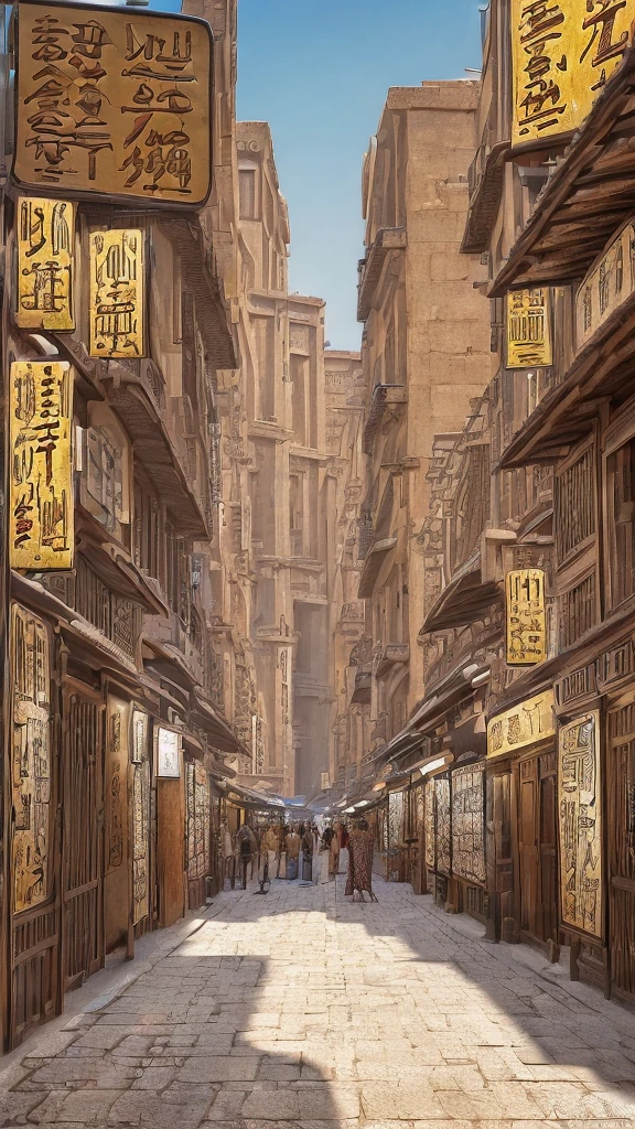 ((background only:2))(absurdres, highres, ultra detailed),masterpiece,best quality,high resolution,8k, stunning clarity,,Steampunk in the Edo Period、(Vivid hieroglyph signs and street advertisements:1.2)、busy、autumn、hieroglyph,souk、Shopping Street、Ancient Egyptian statues,Daytime,kimono with arabic mozaic,congestion