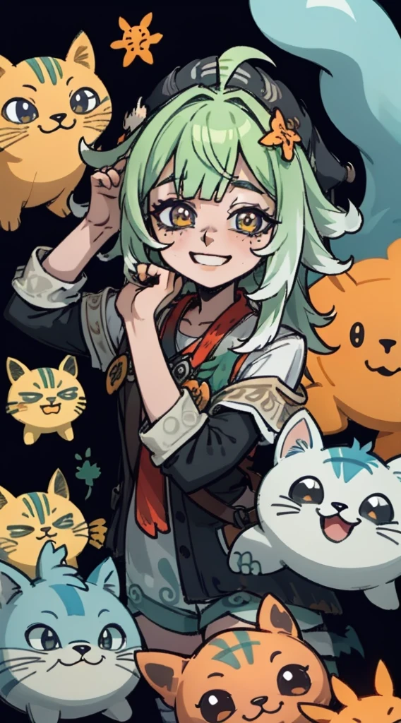 Timida, asustada, ojeras, fondo verde claro, sonrisa de gato ,