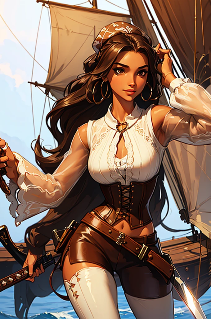 (masterpiece), best quality, expressive eyes, perfect face, (pirate ship background), (standing), (smirk), (closeup view), (1girl, vanessa alessia, dark skin, tanned skin, brown hair, wavy hairstyle, brown eyes, hourglass figure, thin body, skinny body, petite_body, medium breasts, thick thighs, long fingernails, brown plaid head wrap, white front lace blouse, long sleeve, loose fit, brown leather corset, brown leather shorts, brown boots, sheathed cutlass sword, flintlock pistol in holster, hoop earrings, miscellaneous jewelry)